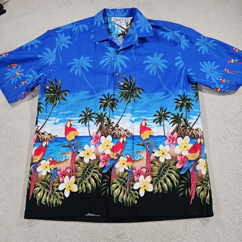 Pacific Legend Hawaiian Short Sleeve Shirt Mens XL Blue Parrot‎ Tropical Resort
